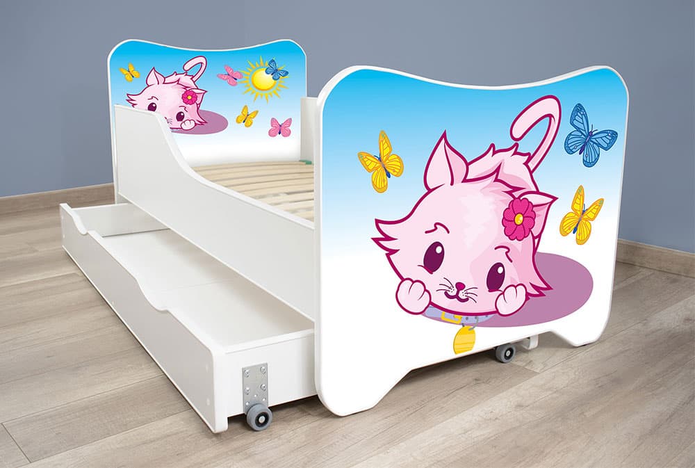 Dečiji krevet sa dušekom, letvicama i fiokom 140x70 cm Little kitty