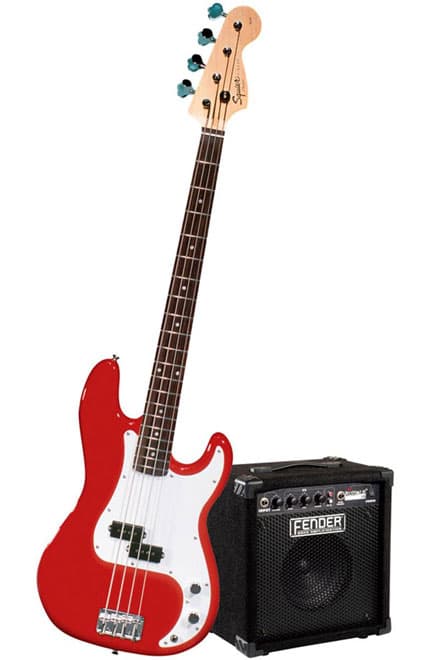 Bas gitara Squier By Fender Affinity P Bass w i pojačalo Rumble 15 Amp Metallic Red