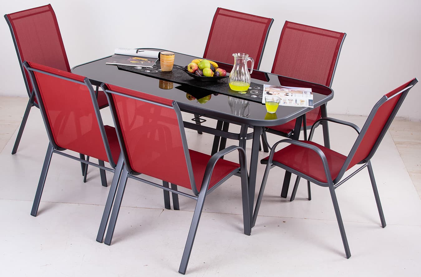 Baštenska Garnitura Metal Tekstilen Como Red - 6 Stolica i Sto Sa Staklom