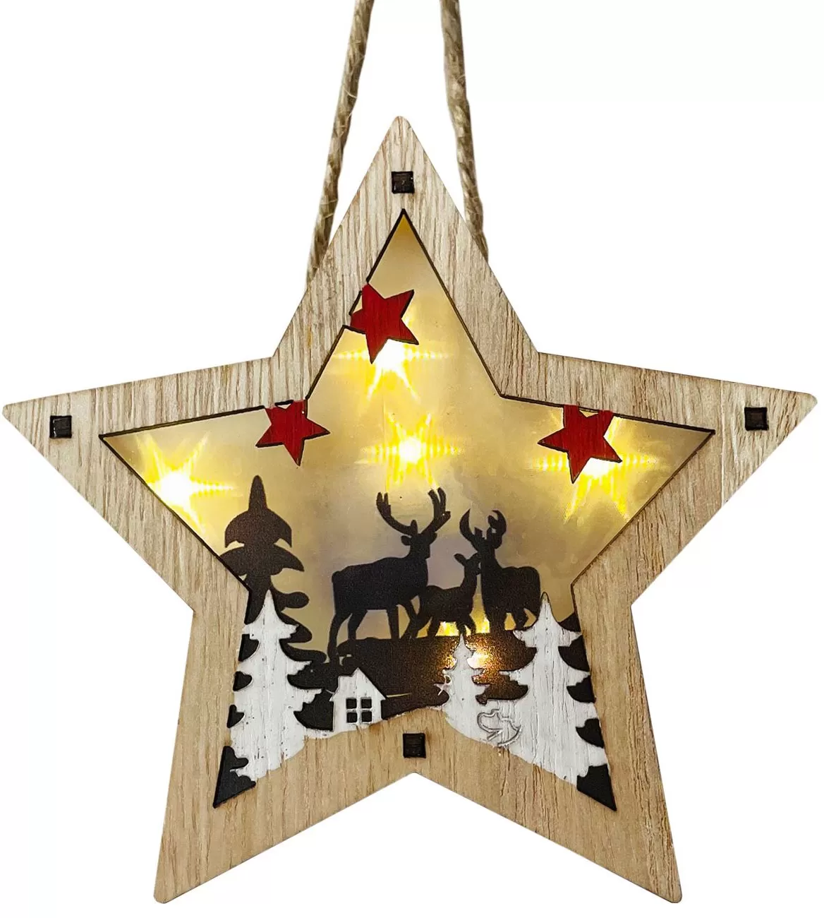 Kućna dekoracija LED Zvezda 12 cm - Drveni ukras u obliku zvezde, dimenzija: 12 x 2 x 12 cm, sa toplo žutim svetlom. 5 LED lampica. - Slika