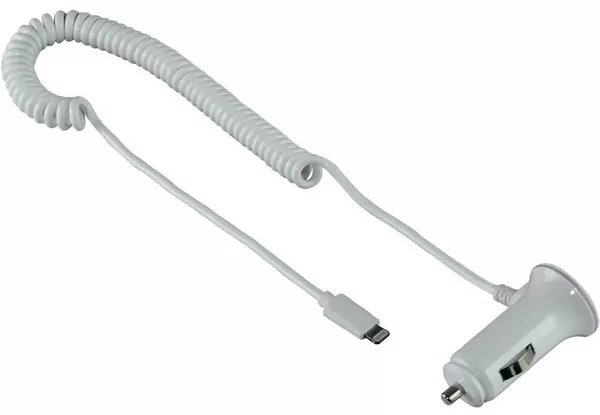 Auto punjač za Apple iPhone beli 102096 - Za punjenje baterije za Apple iPod touch 5G/nano 7G i Apple iPhone 5/5s/5c/6/6 Plus u kolima. Spiralni kabl za uštedu prostora i protiv zamršavanja. 1000 mA za brzo punjenje. - Slika