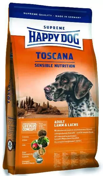 Hrana za pse Happy Dog Supreme Sensible Toscana 4kg - Hrana za odrasle pse sa normalnim ili dijetalnim potrebama (pogodno za sterilisane pse). <b>Sastav: pačetina, losos, odabrano mmediteransko začinsko bilje</b>. Pakovanje 4kg. - Slika