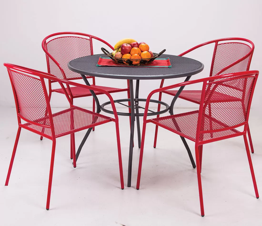 Baštenska Garnitura Noto Red - 4 Stolice i Sto - Praktična, otporna baštenska garnitura od metala koji je premazan zaštitnim slojem za korišćenje napolju. Dimenzije stola su: 91.5 x 71 cm, a stolice: 62.5 x 56.5 x 80 cm. Idealna je za dvorišta i terase, a po potrebi, je možete... - Slika