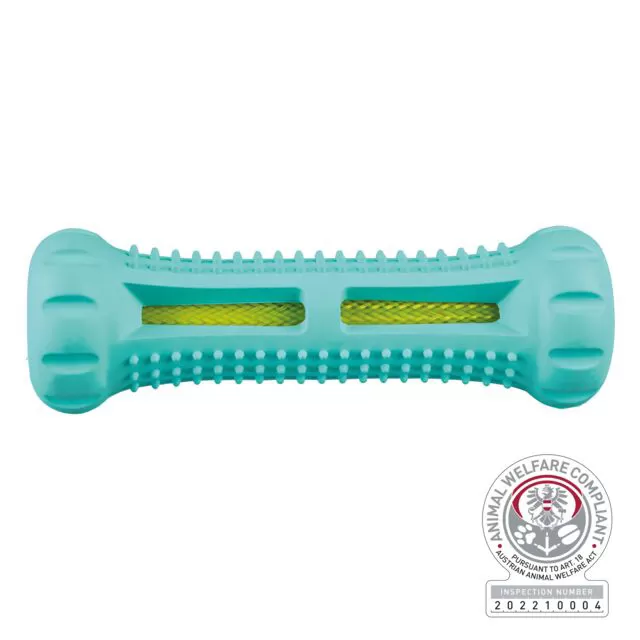Trixie Denta Fun Igračka za psa Valjak za čišćenje zuba 14cm 34847 - Trixie Denta Fun igračka za pse valjak 14cm je od prirodne gume sa ukusom mentola. Vaš pas će ga obožavati, bilo da mu je bacate ili da leži, glođe ga i tako čisti zube i masira desni. - Slika